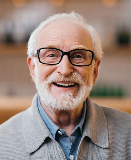 Smiling senior man with healthy teeth after successful dental implant treatment