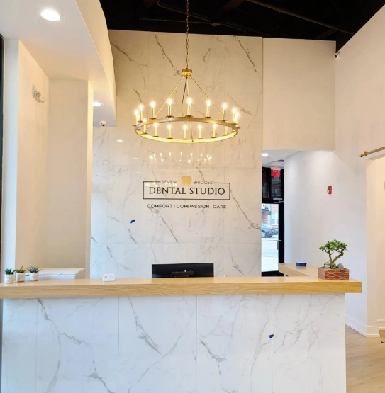 Elegant reception area at Seven Bridges Dental Studio in Woodridge, IL